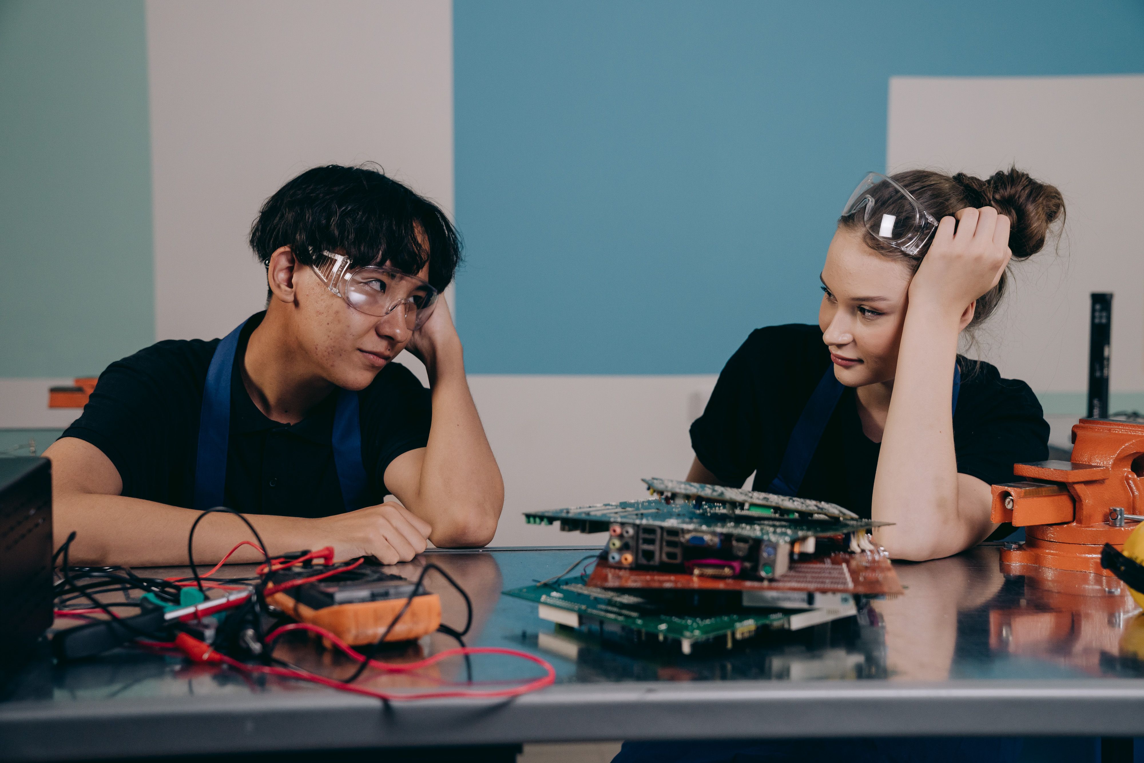 Hands-on electronics work at a student training bench